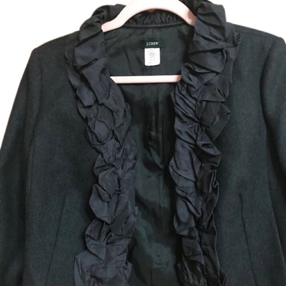 J.Crew Black Wool Silk Chimera Blazer Size 2 Ruffle Front Tailored Career Work - Picture 7 of 11